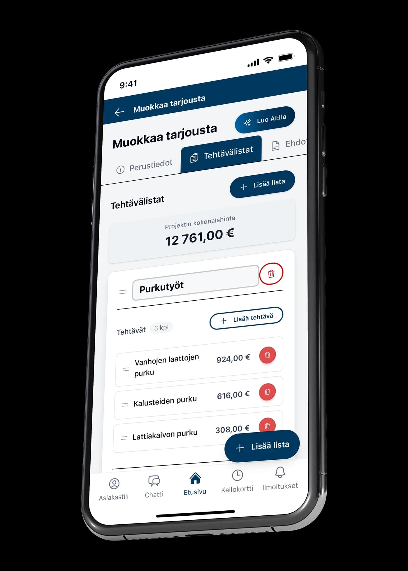 VÖRK app quote view with priced task lists and a project total of 12,761 euros