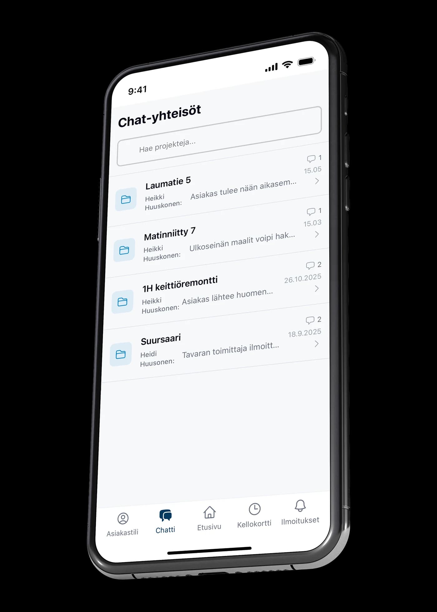 VÖRK app chat communities, where each project has its own conversation