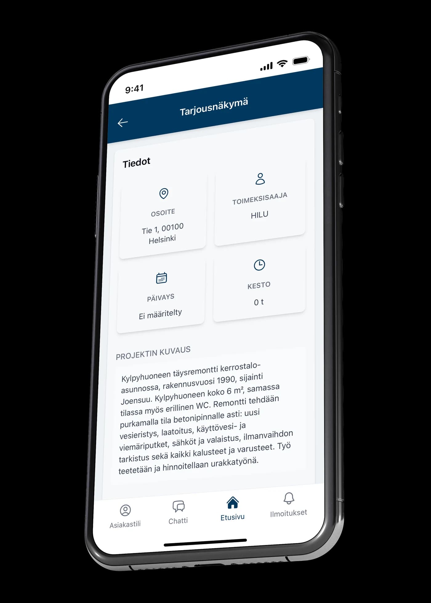 Client quote view in VÖRK: site details, contractor and project description