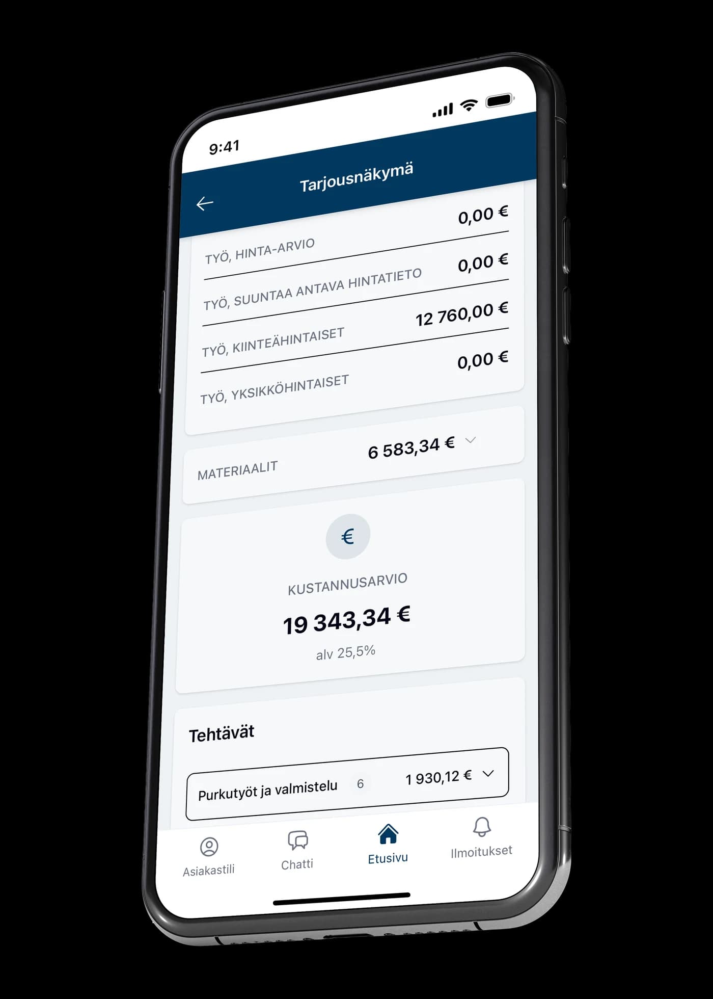 Client quote view in VÖRK: cost estimate, materials and tasks