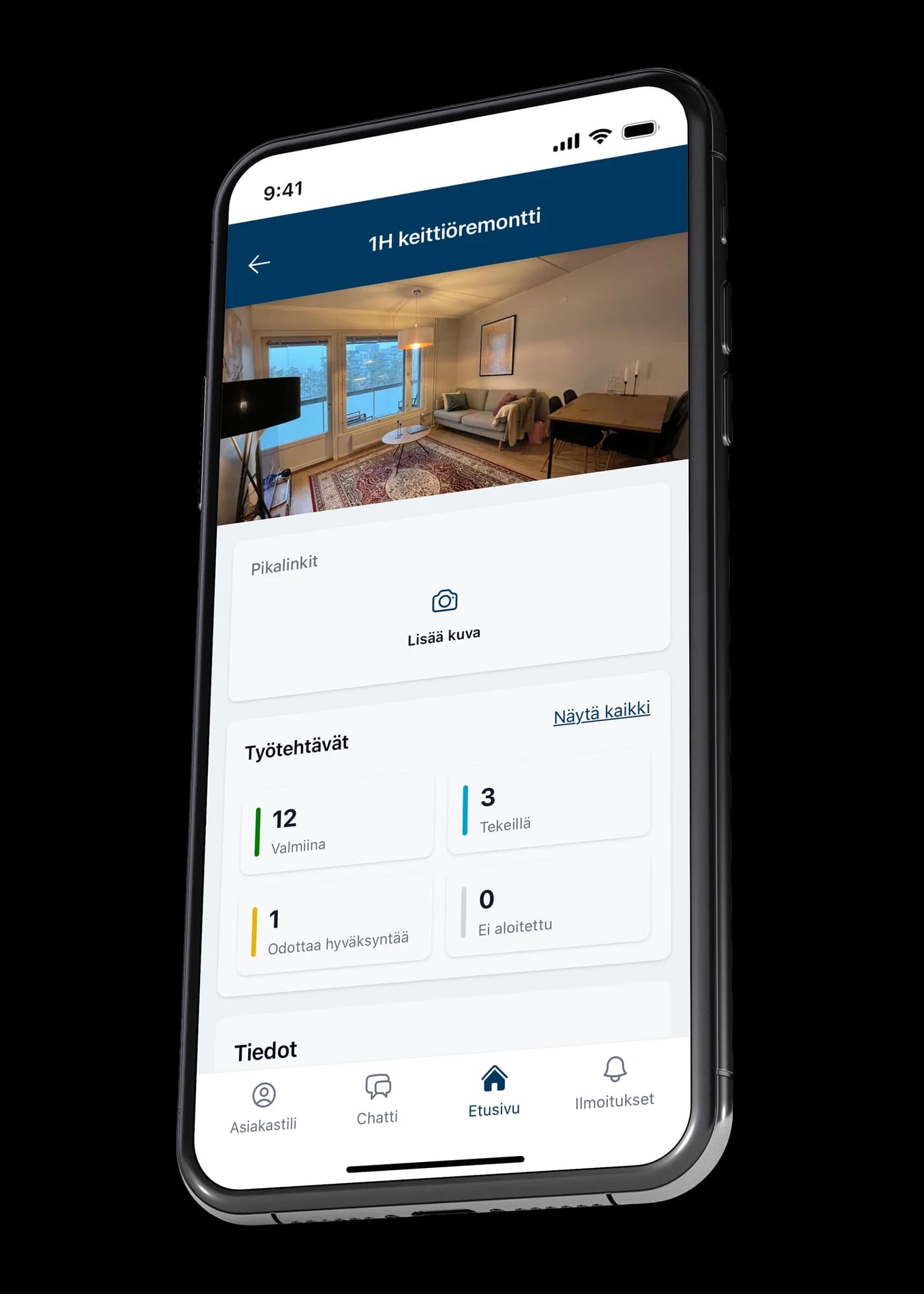 Client project view in VÖRK: site photo and the state of the tasks