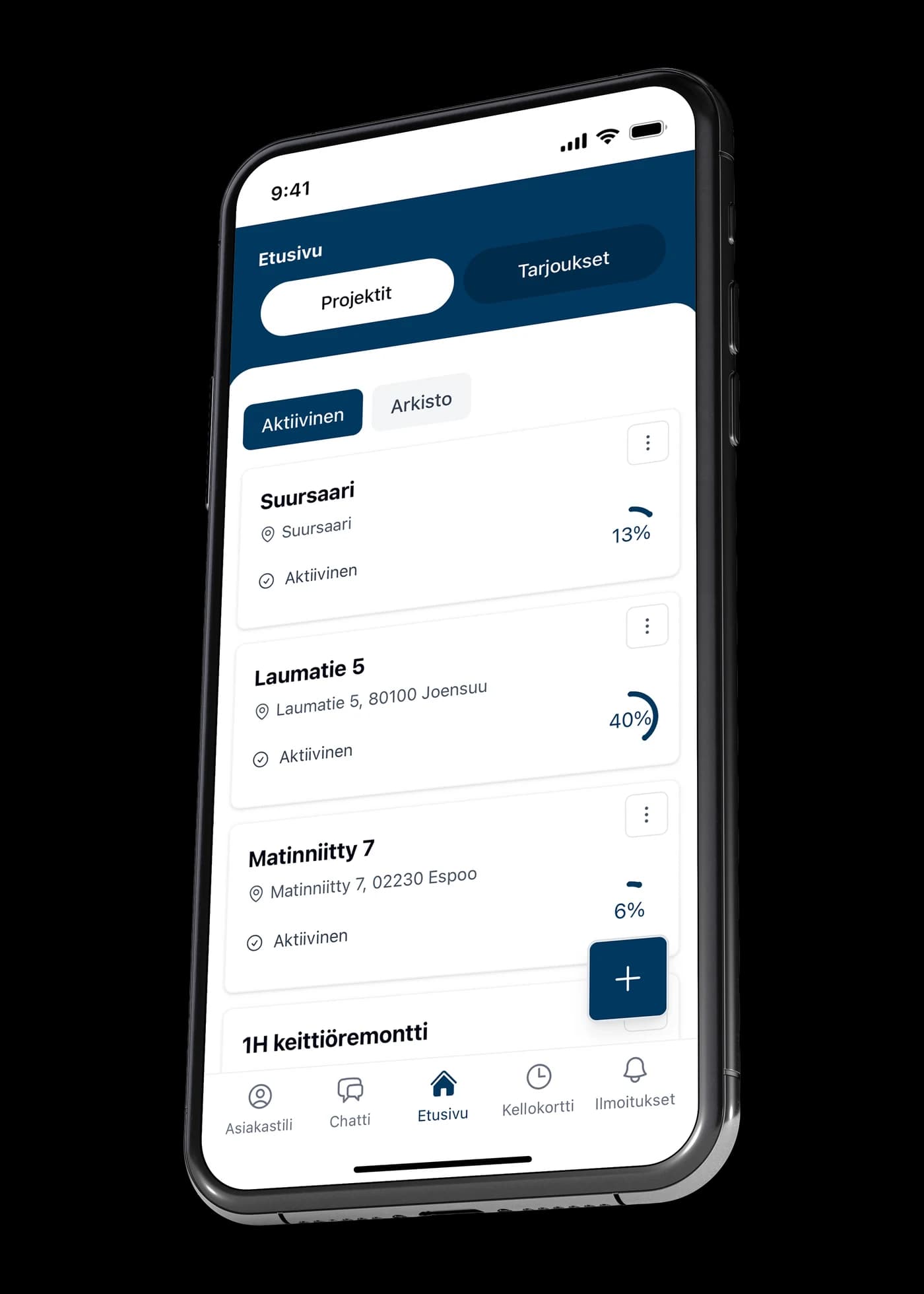VÖRK app project view showing three active sites with completion rates