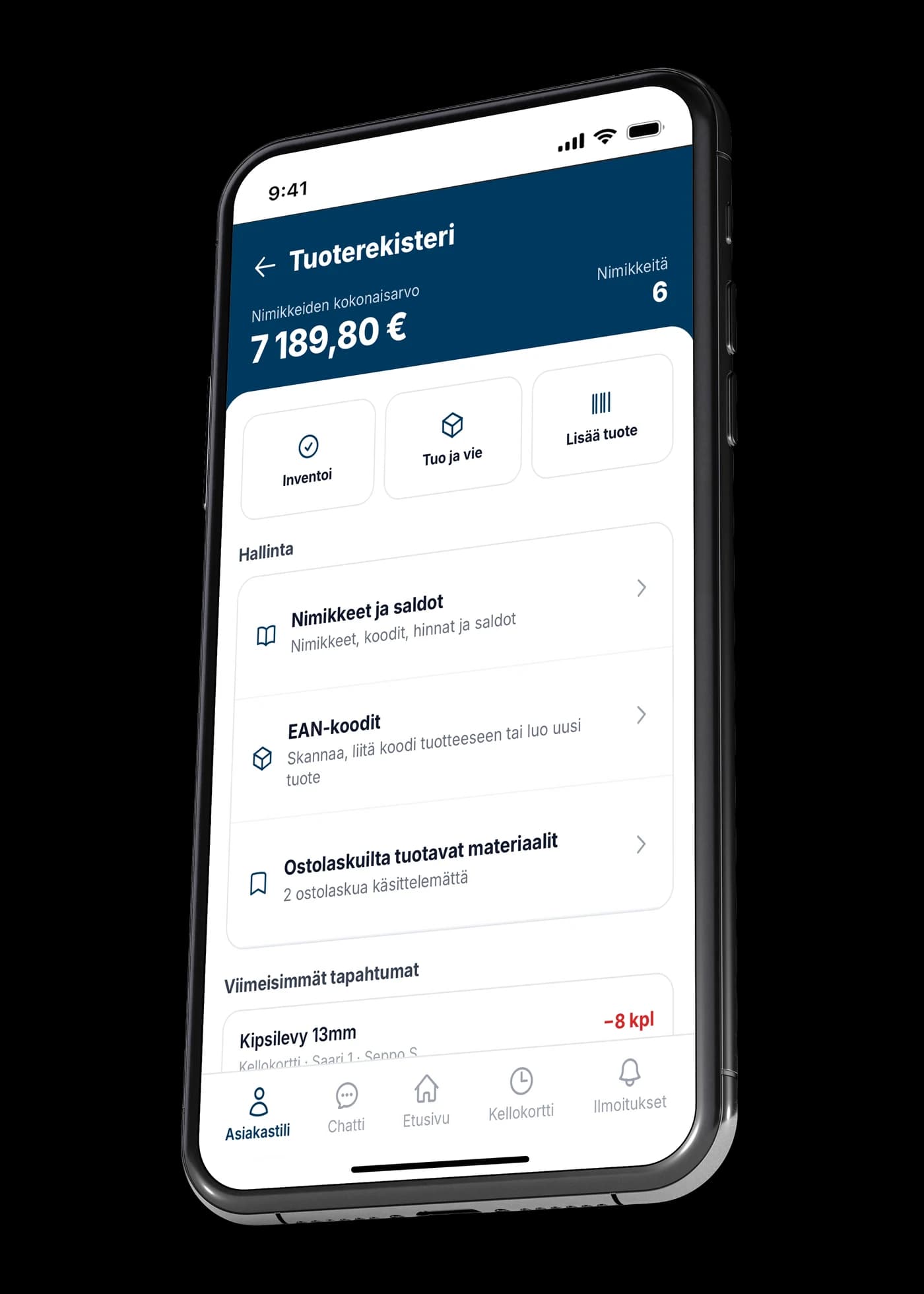 VÖRK app product register with total item value, stocktaking, items and balances