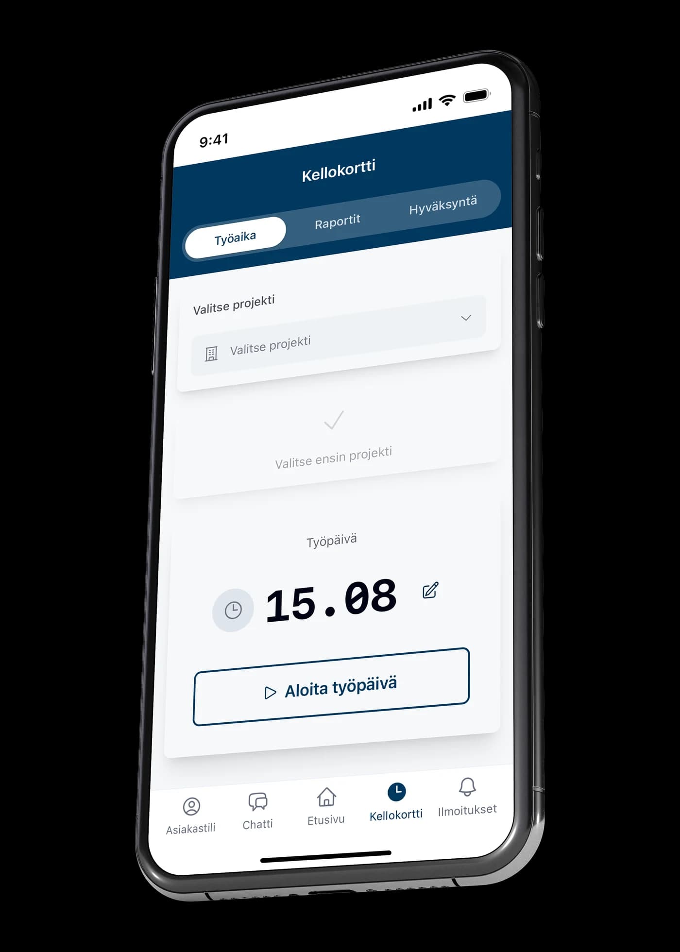 VÖRK app time clock view starting a workday, with time, reports and approval tabs