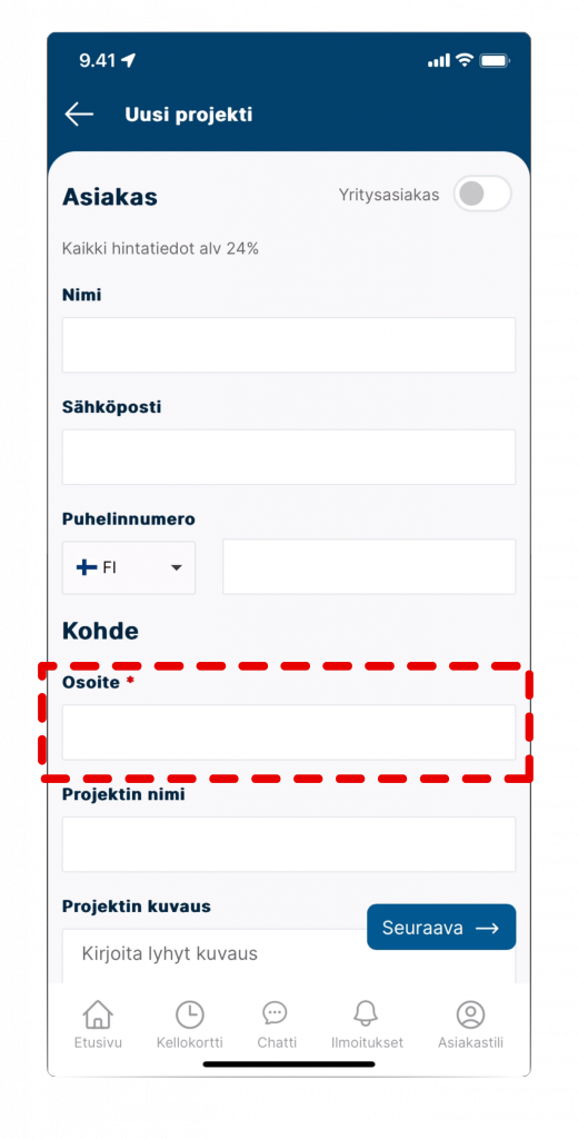 Screenshot of creating project in VÖRK app step 2.